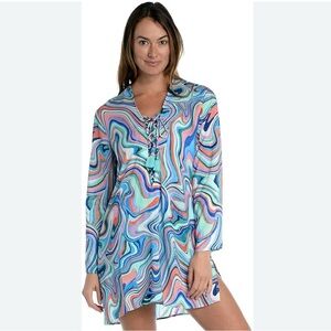 La Blanca Med NWT Lace Up Tunic Women’s Swim Cover Up Multicolor Beach Vacation